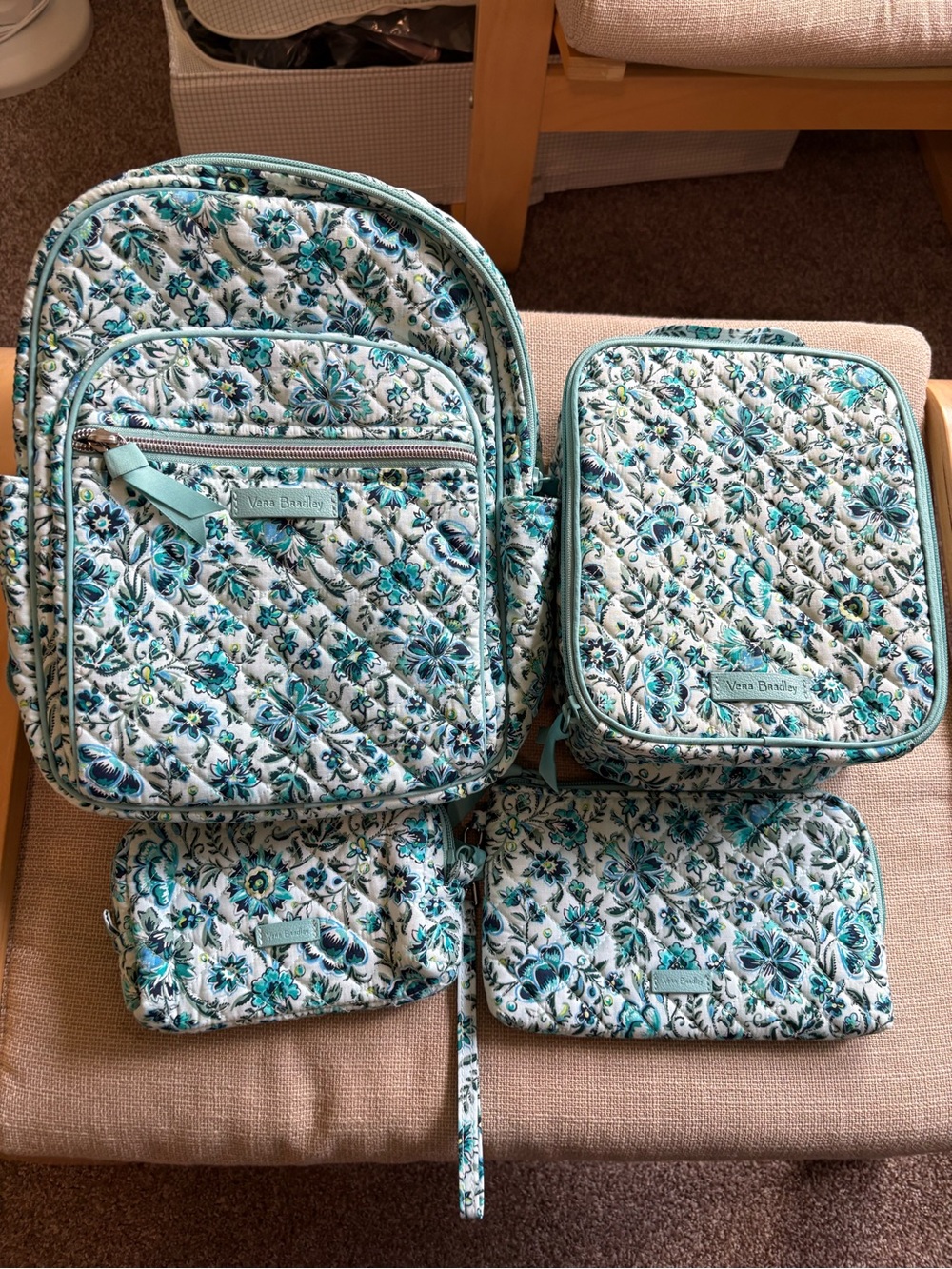 Vera Bradley Teal and White Floral Quilted Backpack and Pouch Set